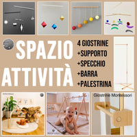 .…. SPAZIO  ATTIVITÀ ..…. 4 Giostrine Montessori + Supporto + Specchio  + Barra Corrimano + Palestrina Gazzella